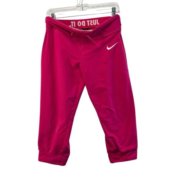 Nike foldover small cropped Sweatpants Pink Cotton Joggers White Swoosh - Picture 2 of 14